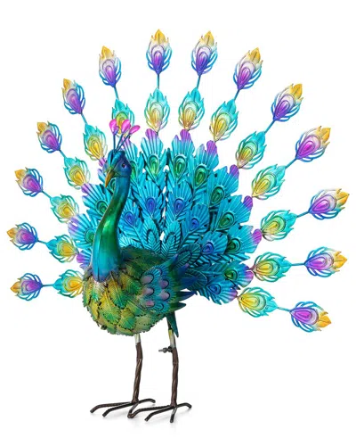 Glitzhome Handmade Metal Peacock Tail Garden Statue In Multi