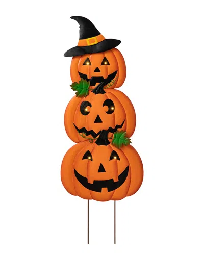 Glitzhome Handmade Set Of 3 Halloween Lighted Metal Stacked Jack-o-lantern  Yard Stakes / Hanging Dé In Orange
