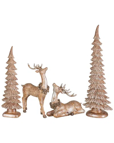 Glitzhome Handmade Set Of 4 Christmas Reindeer With Tree Table Decor In Brown