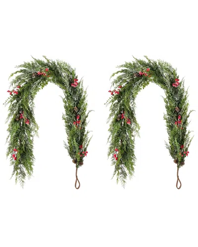 Glitzhome Handmade Set Of Two 6ft Christmas Greenery Frosted Dripping Garland  With Pinecones & Red