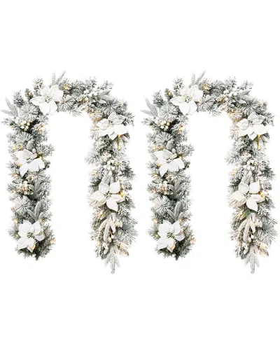 Glitzhome Handmade Set Of Two 6ft Pre-lit Flocked Greenery Pine White  Poinsettia Christmas Garland In Gray