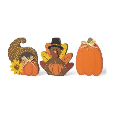 Glitzhome Harvest Wooden 3-pc. Thanksgiving Tabletop Decor In Orange