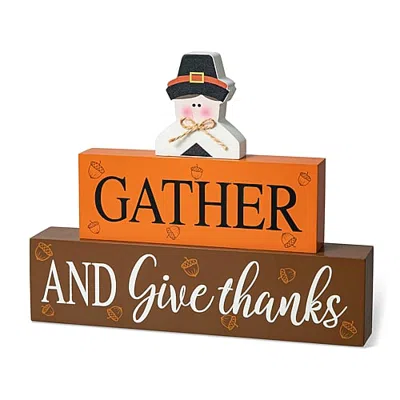 Glitzhome Harvest Wooden Pilgrim Block Sign Thanksgiving Tabletop Decor In Multi