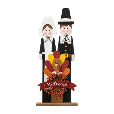 Glitzhome Harvest Wooden Pilgrim Couple Thanksgiving Porch Sign In Black