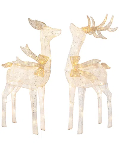 Glitzhome Indoor/outdoor Battery-operated Glittered Reindeer Set In Gold