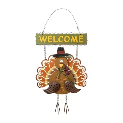 Glitzhome Iron/wooden Turkey Welcome Decor Wall Art In Orange
