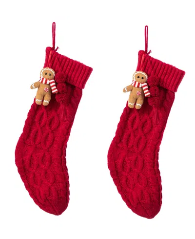 Glitzhome Knitted Christmas Stockings With Complimentary Gingerbread Man Ornament, Set Of 2 In Multi