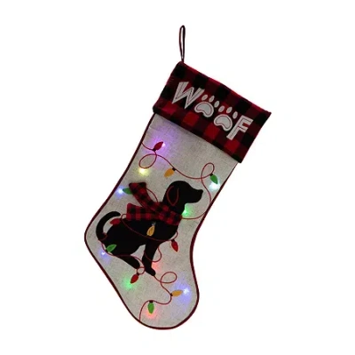 Glitzhome Led Embroidered Linen Dog Christmas Stocking In White