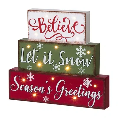 Glitzhome Led Lighted Wooden & Metal Block Lighted Christmas Tabletop Decor In Red