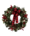 Glitzhome Led Pre-lit Greenery Buffalo Bow Berry Holly Pine Cone Rattan Ornament Wreath In Multi