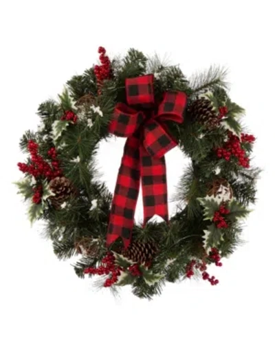 Glitzhome Led Pre-lit Greenery Buffalo Bow Berry Holly Pine Cone Rattan Ornament Wreath In Multi
