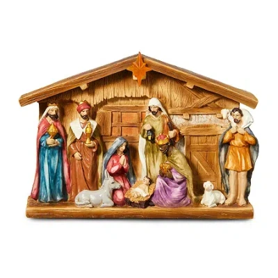 Glitzhome Lighted Resin House Nativity Set In Brown