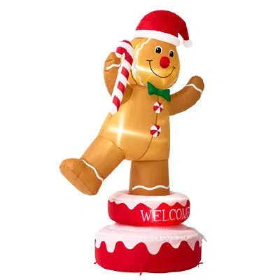 Glitzhome Lighted Rotating Gingerbread Man Inflatable In Red,yellow