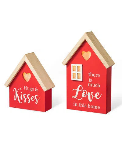 Glitzhome Lighted Valentine's Wooden House-shaped Table Decor, Set Of 2 In Multi