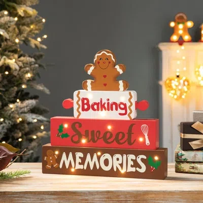 Glitzhome Lighted Wooden Christmas Gingerbread Man Block In Black;red