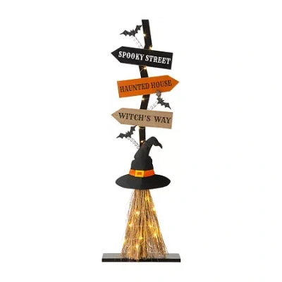 Glitzhome Lighted Wooden Witch's Broom Decor Halloween Indoor Porch Sign In Multi