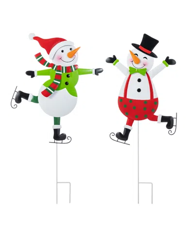 Glitzhome Metal Christmas Skiing Snowmen Yard Stakes, Set Of 2 In Multi