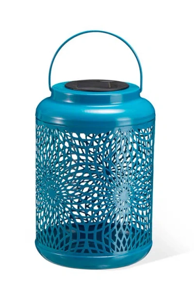 Glitzhome Metal Cutout Scrollwork Solar Powered Outdoor Hanging Lantern With Led Light In Blue