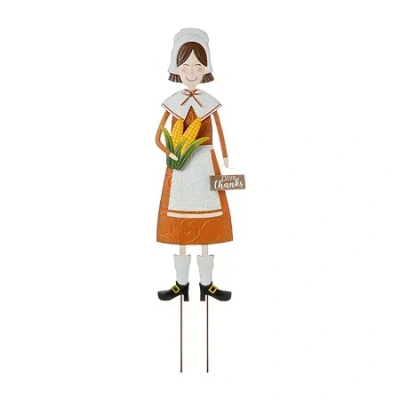 Glitzhome Metal Harvest Pilgrim Girl Thanksgiving Yard Art In Orange
