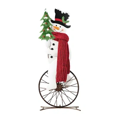 Glitzhome Metal Snowman Riding Bike Decor Christmas Porch Sign In White