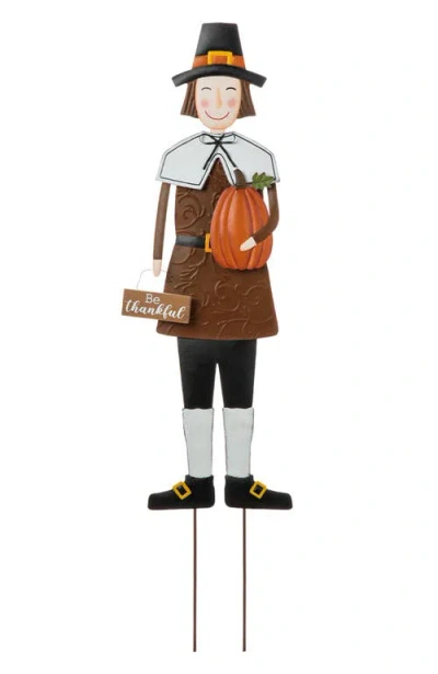 Glitzhome Metal Thanksgiving Pilgrim Boy Girl Yard Stake Standing Or Wall Decor In Brown