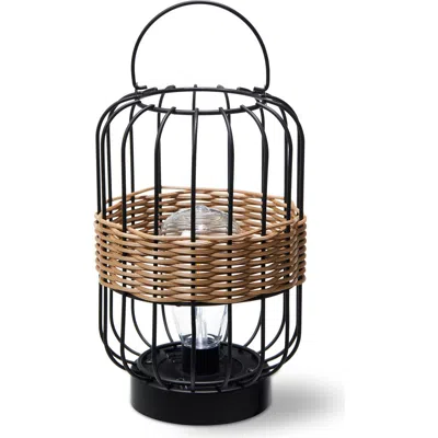 Glitzhome Metal Wire Faux Rattan Solar Powered Outdoor Lantern With Handle In Black