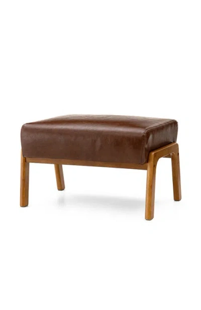 Glitzhome Mid-century Modern Faux Leather Accent Stool With Walnut Rubberwood Legs In Brown