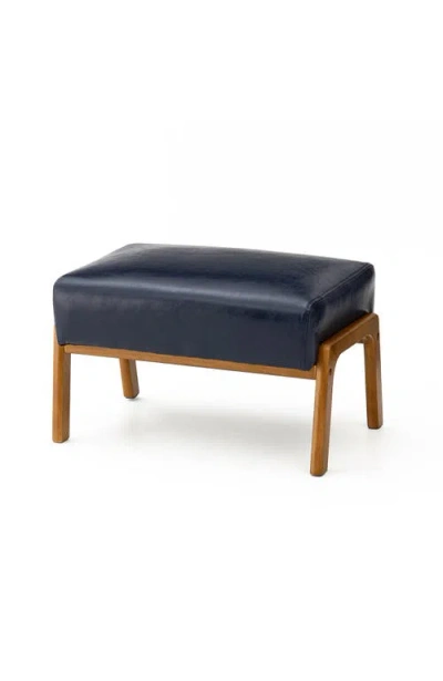 Glitzhome Mid-century Modern Faux Leather Accent Stool With Walnut Rubberwood Legs In Blue
