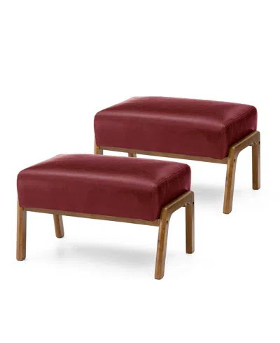 Glitzhome Mid-century Modern Leatherette Accent Stool, Set Of 2 In Burgundy
