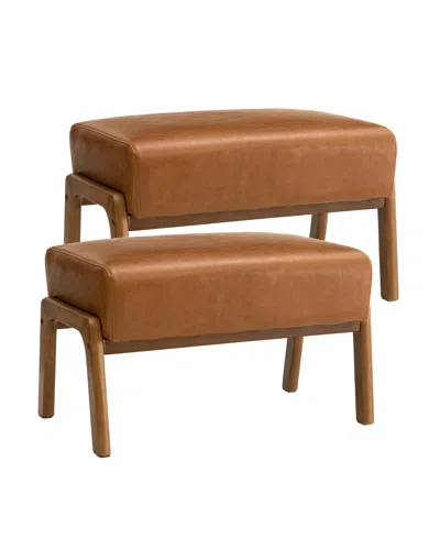 Glitzhome Mid-century Modern Leatherette Accent Stool, Set Of 2 In Camel