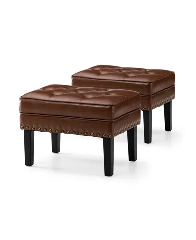 Glitzhome Mid-century Modern Leatherette Button-tufted Accent Stool, Set Of 2 In Coffee Bean