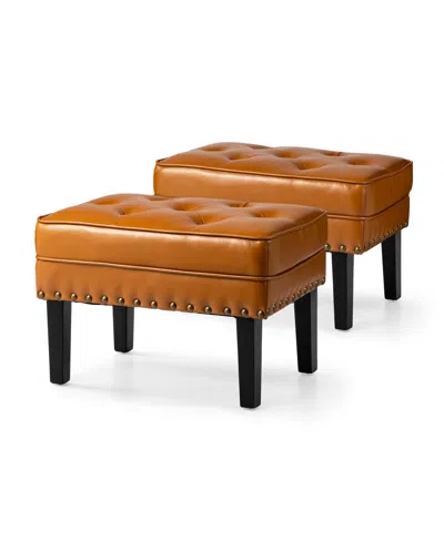 Glitzhome Mid-century Modern Leatherette Button-tufted Accent Stool, Set Of 2 In Pumpkin