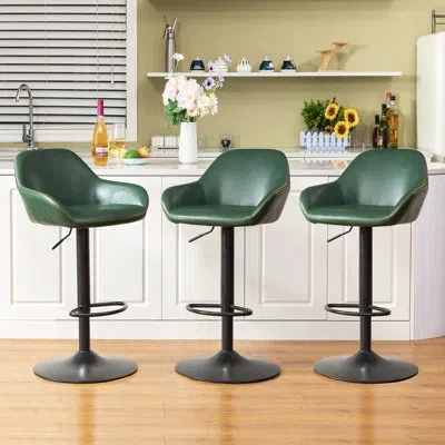 Glitzhome Mid-century Modern Leatherette Gaslift Adjustable Swivel Bar Stool In Green