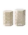 Glitzhome Multi-functional Set Of 2 White Floral Pattern Hexagonal Garden Stools Or Planter Stand In White