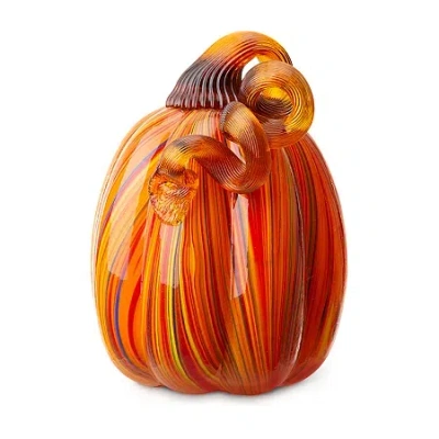 Glitzhome Multi Striped Glass Pumpkin Thanksgiving Tabletop Decor In Orange
