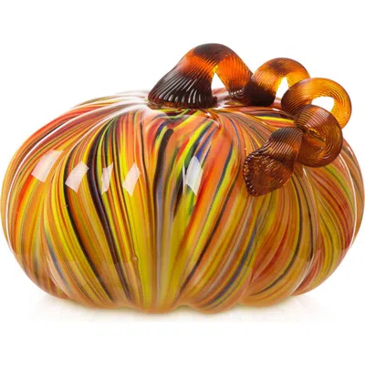 Glitzhome Multi Stripes Glass Large Glass Pumpkin Fall Harvest In Orange