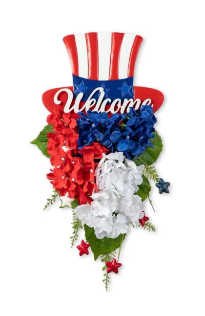 Glitzhome Patriotic Americana Metal Top Hat & Hydrangea Swag Wall Decor In Multi