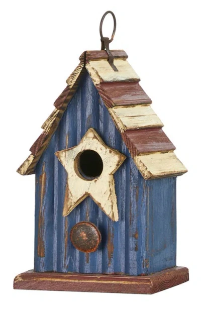 Glitzhome Patriotic Hanging Distressed Solid Wood Decorative Garden Birdhouse With Star In Blue