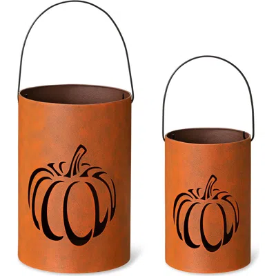 Glitzhome Set 2 Of Metal Cutout Pumpkin Bucket In Orange