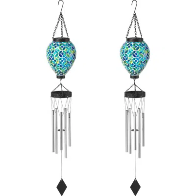 Glitzhome Set Of 2 37"h Solar Lighted Metal And Glass Mosaic Windchime In Multi