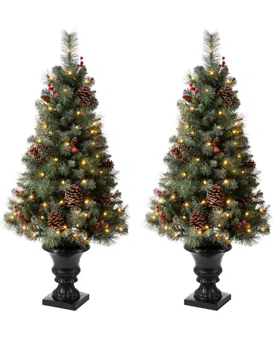 Glitzhome Set Of 2 4ft Flocked Trees With Warm Lights In Green