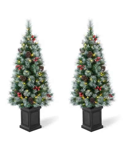 Glitzhome Set Of 2 4ft Pre Lit Pine Artificial Christmas Porch Tree With 80 Warm White Lights, Pinecones And R In Multi Color