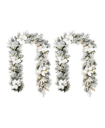 Glitzhome Set Of 2 6ft Pre Lit Flocked Greenery Pine White Poinsettia Christmas Garland, With 50 Warm White Li In Multi