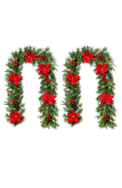 Glitzhome Set Of 2 Artificial Poinsettia Christmas Garland With Lights And Timer In Green