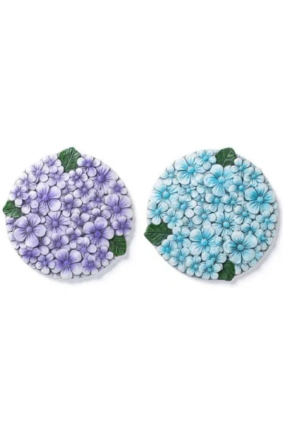 Glitzhome Set Of 2 Cement Blue And Purple Hydrangea Textured Stepping Stones