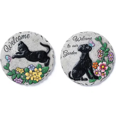 Glitzhome Set Of 2 Cement Cat And Dog Textured Stepping Stones In Multi