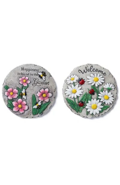 Glitzhome Set Of 2 Cement Flower Textured Stepping Stones In Gray