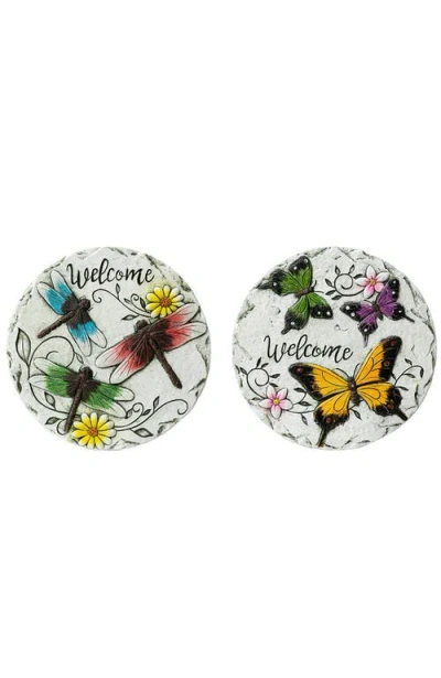 Glitzhome Set Of 2 Cement Stepping Stones With Fluttering Butterflies And Dragonflies Pattern In Multi