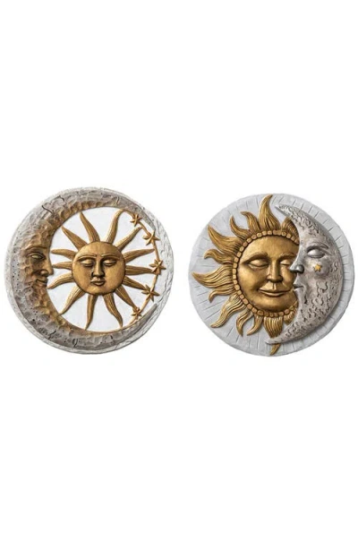 Glitzhome Set Of 2 Cement Sun And Moon Textured Stepping Stones In Gold