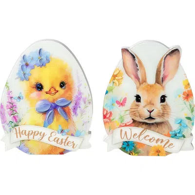 Glitzhome Set Of 2 Easter Wooden & Epoxy Egg Chick Table Decor In Multi